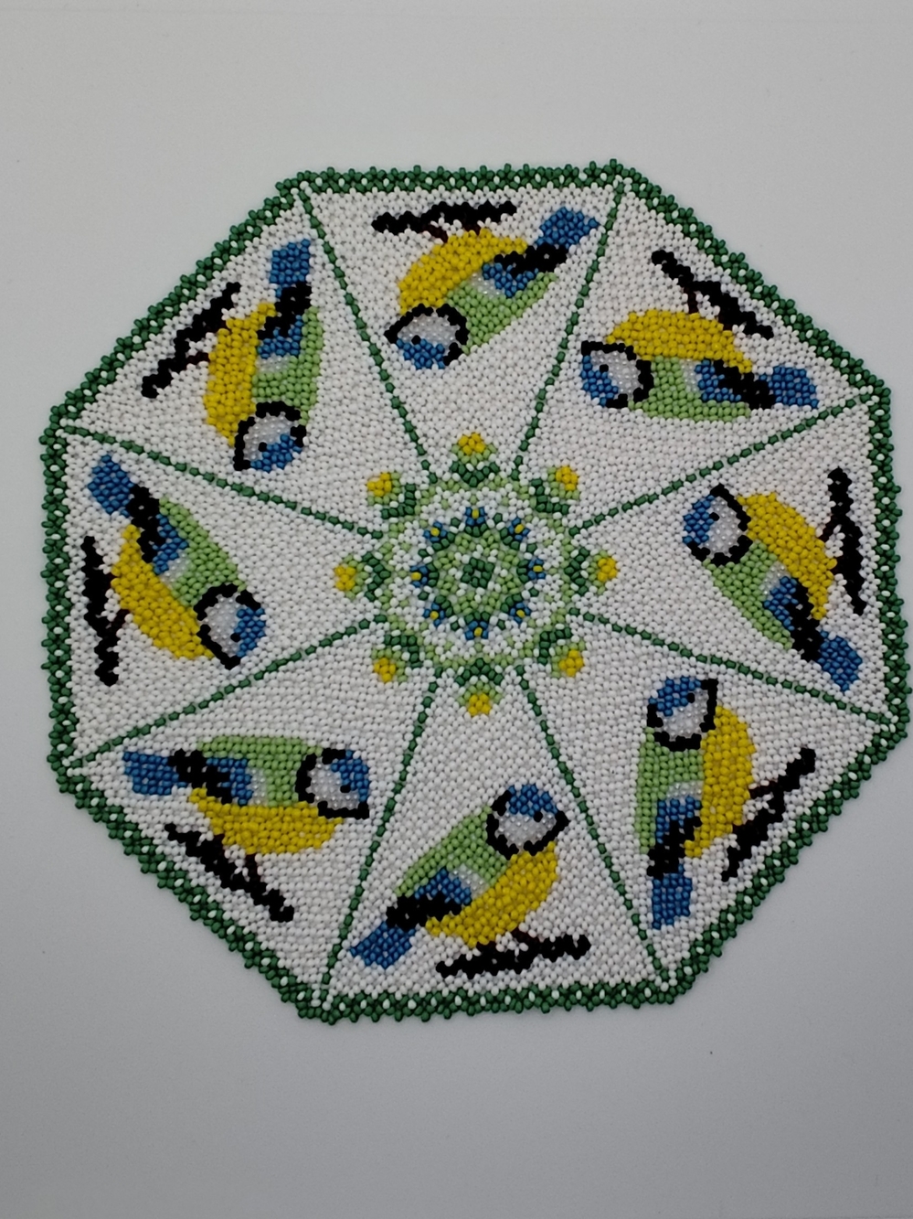 Handmade Beaded Bird Doily in Yellow, Green & Blue